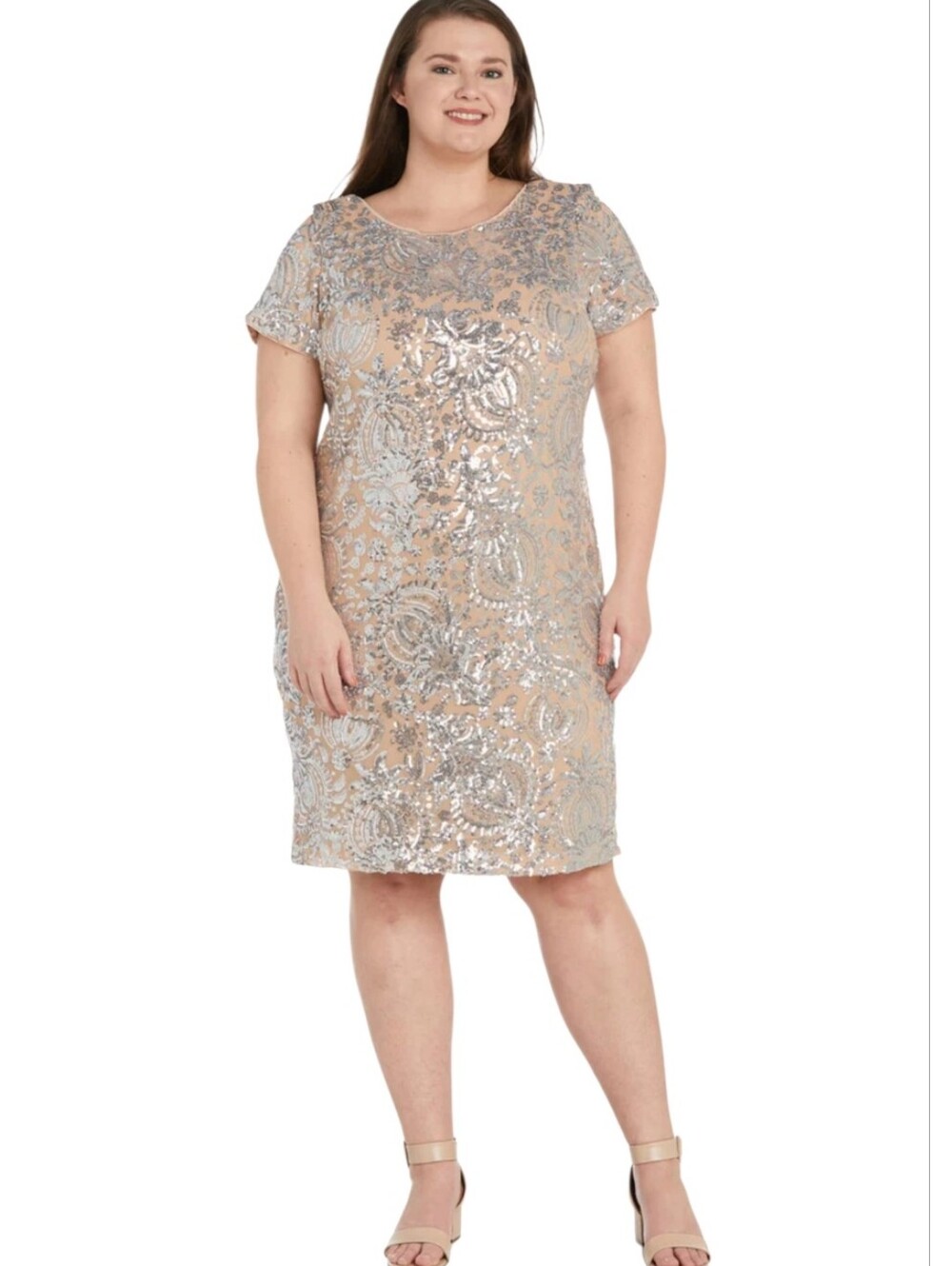 R&M Richards  Nwot Woman Tan/Silver Sequin Filagree Short S Mesh Cocktail Dress